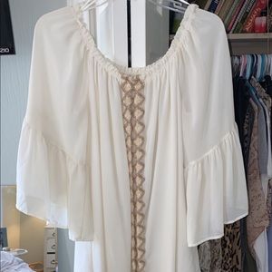 Off the shoulder dress- hits just below the knee